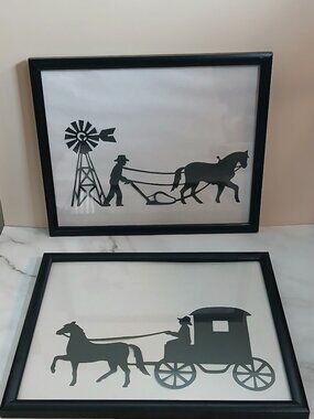 2 Framed Silhouette/Scherenschnitte-Amish Scenes-Handmade